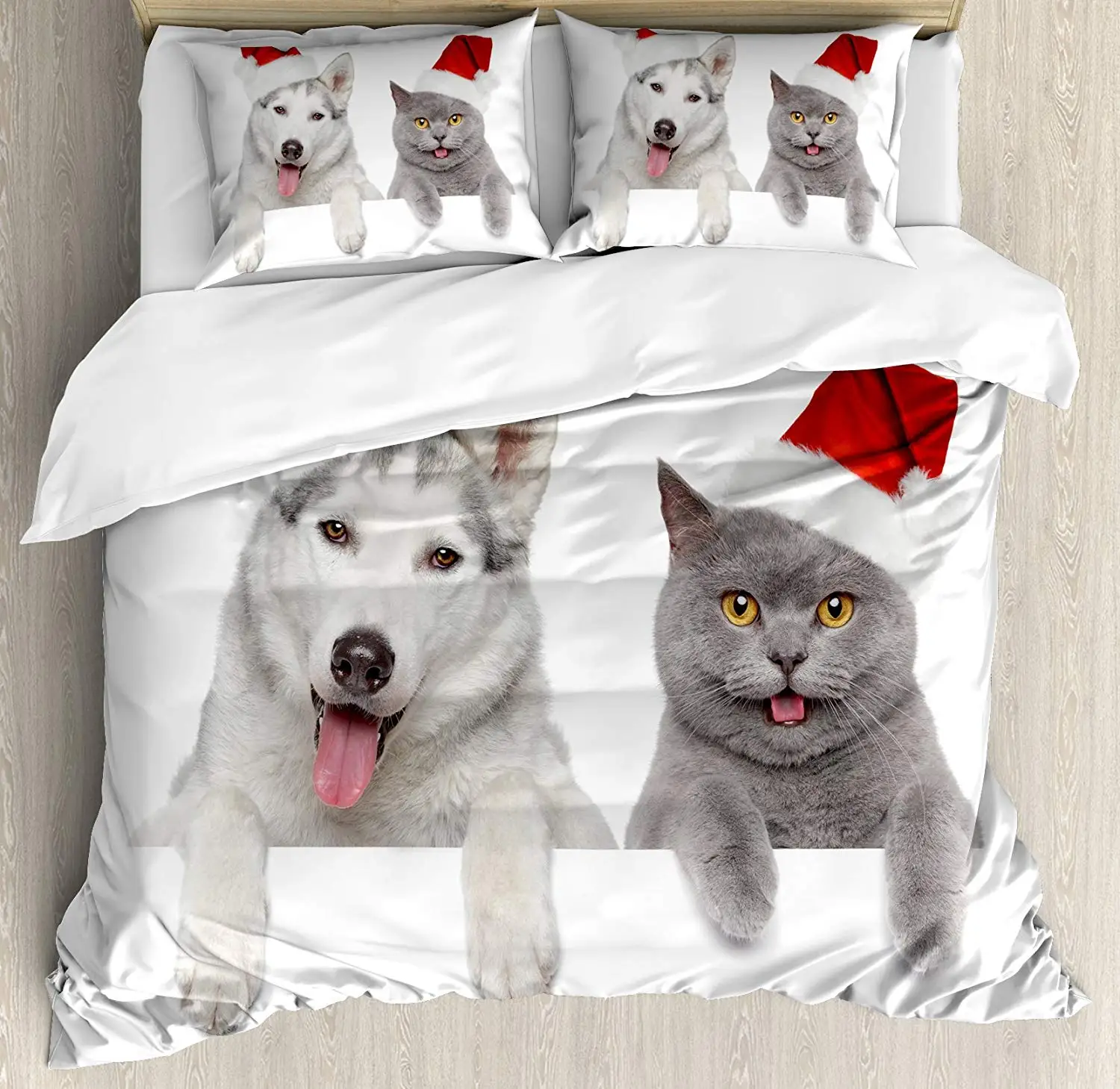 

Christmas Duvet Cover Set King Size Cute Dog and Cat in Santa Red Hats Funny Puppy and Kitty Domestic Pet Animal Decorative