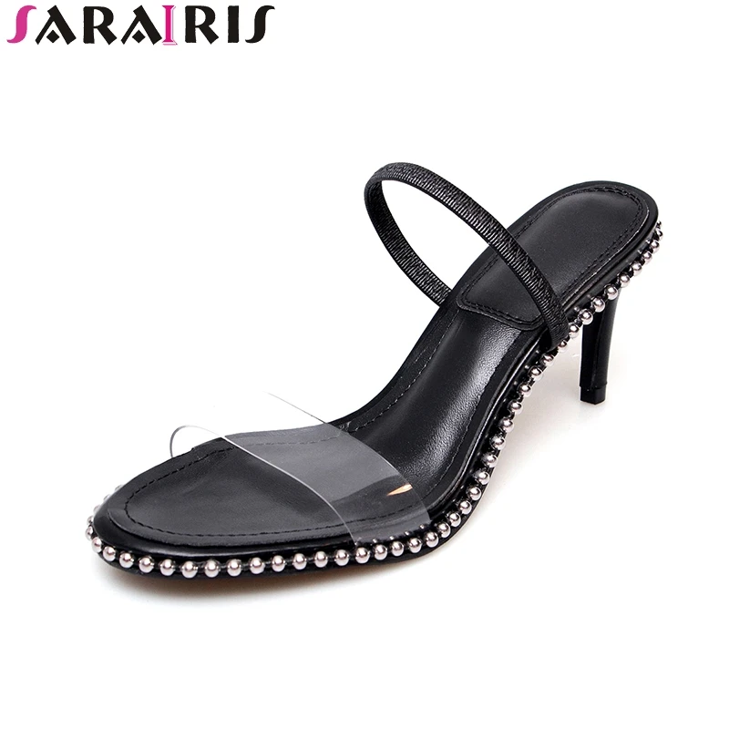 

SARAIRIS Good Quality Wholesale Thin High Heels Women Shoes Slip On Summer Sandals Rivet Black Matrue Woman Shoes