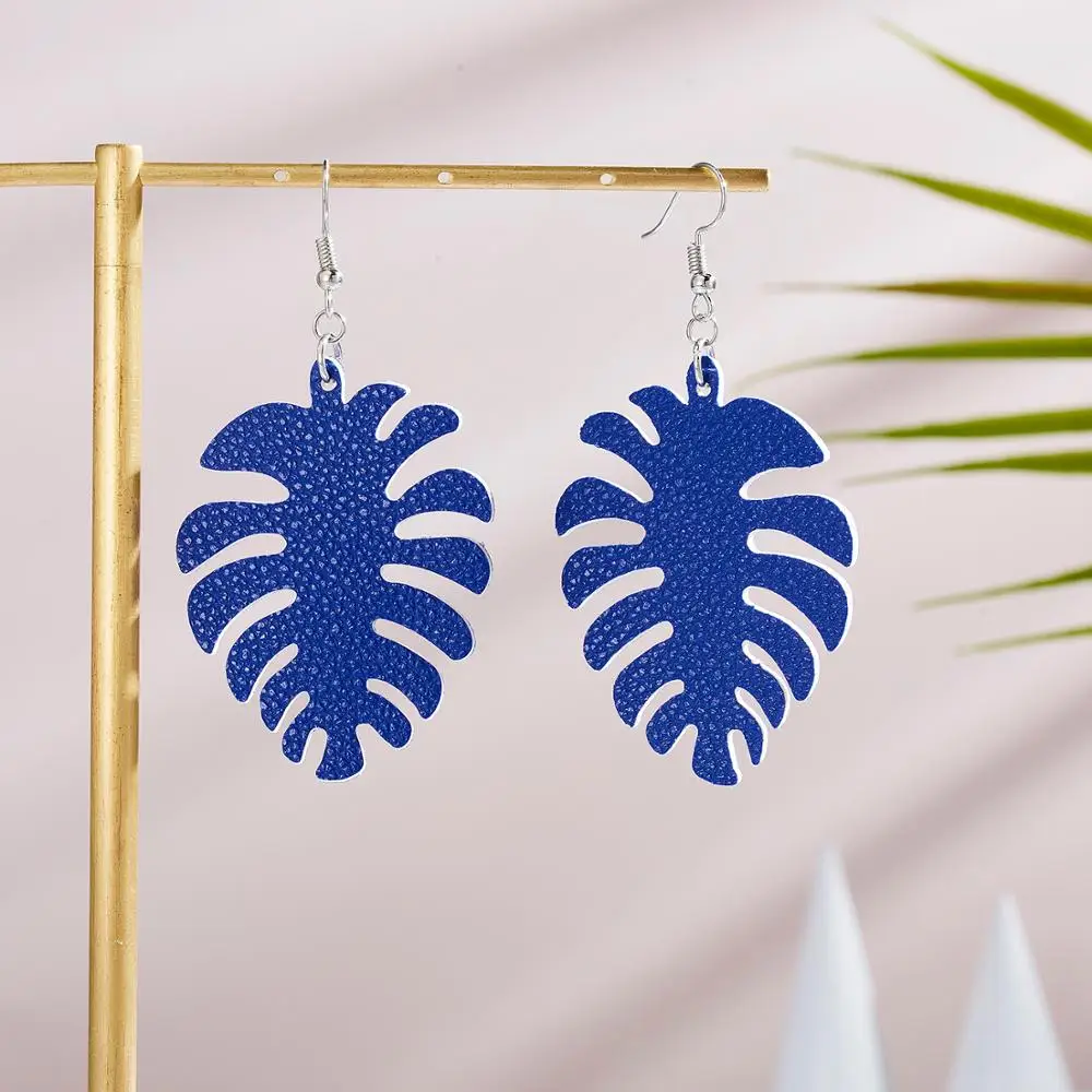 

Bohemian Style Banana Leaf PU Leather Earrings for Women Girls Hollow Blue Silver Leaves Handmade Ear Jewelry Summer Gift