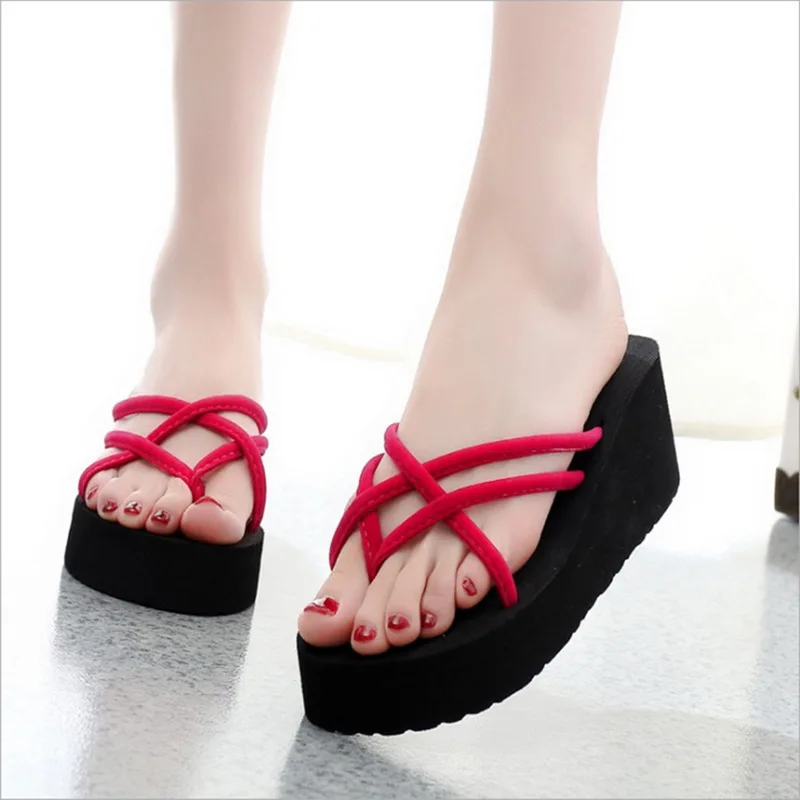 

Oeak 2019 Platform Sandals Women High Heel Zapatillas Summer Shoes Fashion Straped Slippers Beach Flip Flops Solid Slides Women