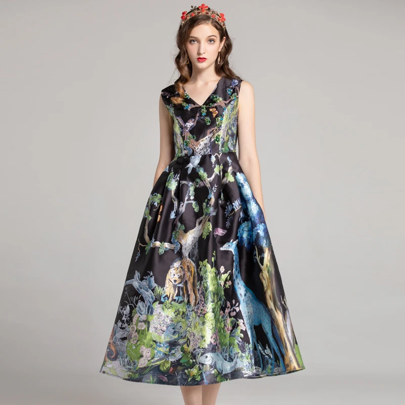 

Qian Han Zi 2019 High quality designer runway dress Women's V-neck amazing animal print beaded luxury party Mid-Calf dress