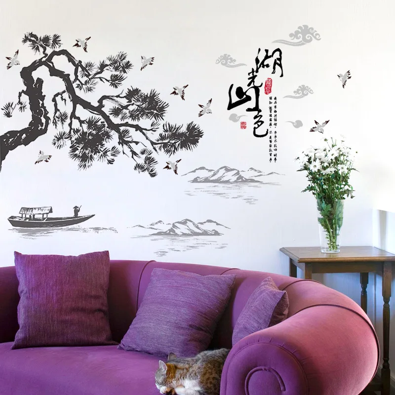 Китайский стиль, пейзаж озера и горы, настенные Стикеры, домашний декор, река, сосна, Летающие птицы, настенные наклейки, настенные графические плакаты