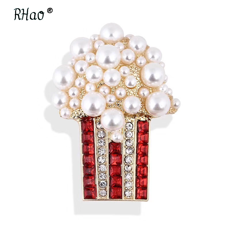 

Pearl enamel Red Crystal Popcorn Brooches for women men suit corsage girls kids funny hats clips jewelry badge