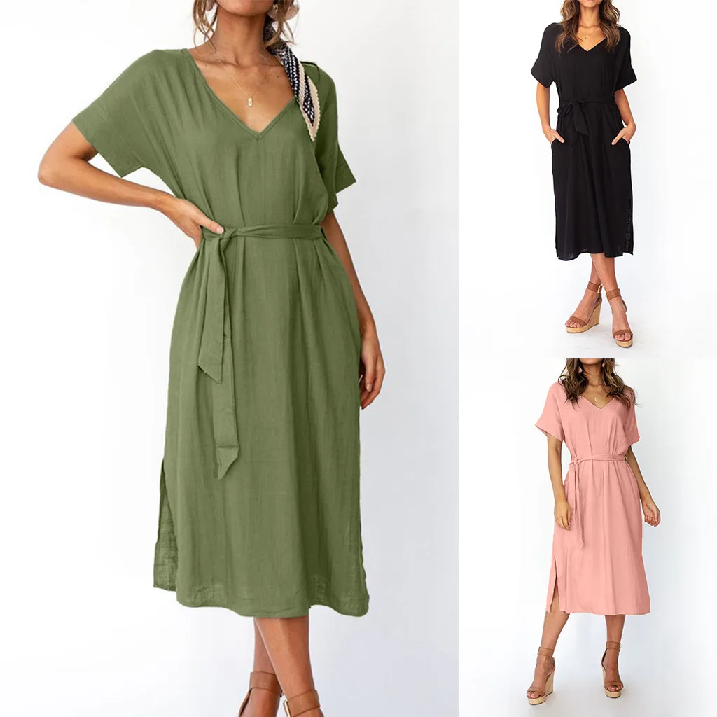 

Summer Women's Fashion Pure Colour V-Neck Simple Long Dresses