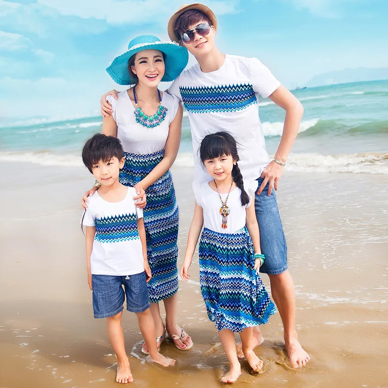 1349 Summer Style Clothing Vestido Bohemio De Madre E Hija Familia T Shirt Ropa Para Padre E Hijo Beach Dress Cotton Clothing En Familia Ropa A
