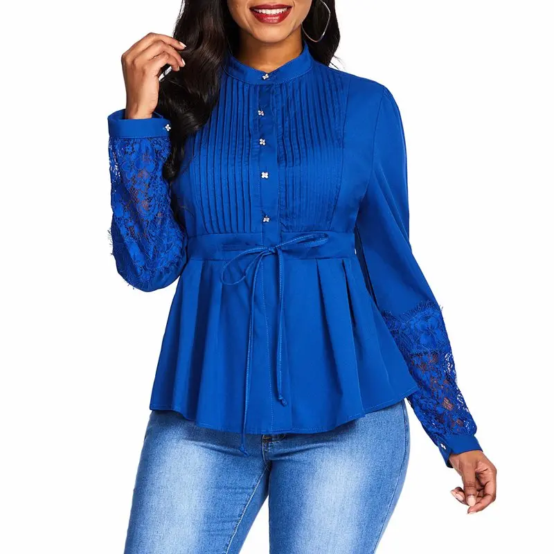 Women Blouses Elegant Casual Blue Spring Office Lady Slim Solid Button Plus Size Lace Hollow Female Fashion Tops Sweet Shirts |