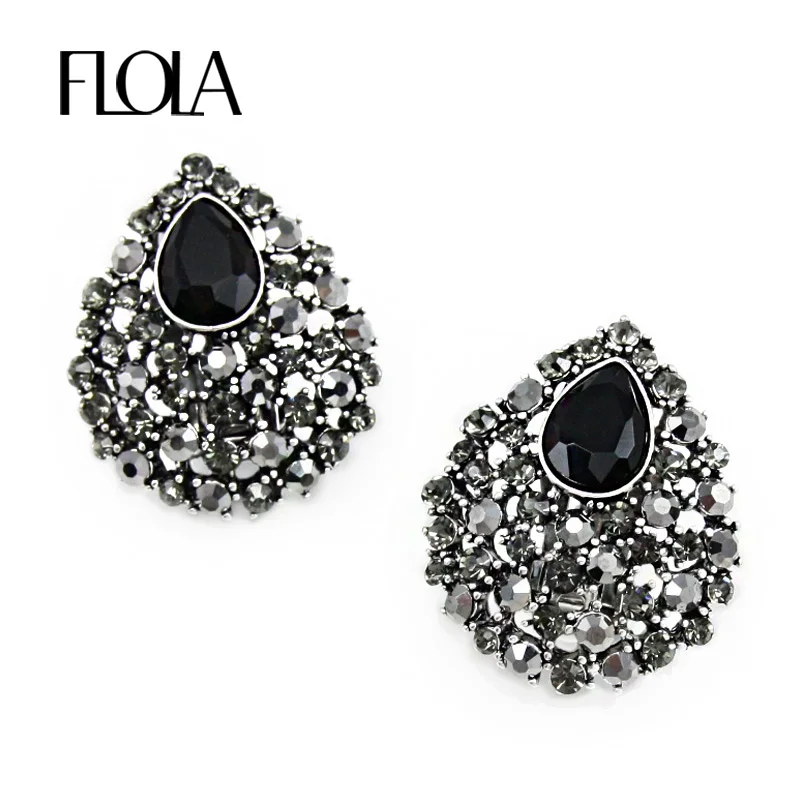 

FLOLA New Arrival Fancy Black Clip Earrings with Rhinestone Crystals No Pierced Clip on Earrings Black for Women ersh12