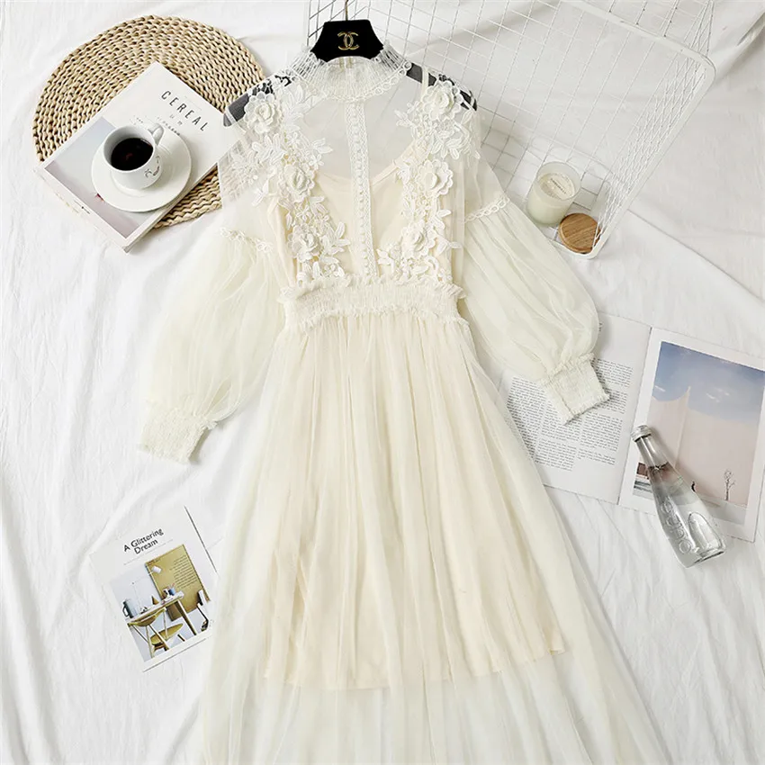 2018 New Fashion Spring Women Flower Lantern Sleeve Dresses Summer Two Piece Mesh Dress Long Sexy Dress Clothing Vestidos WZ196