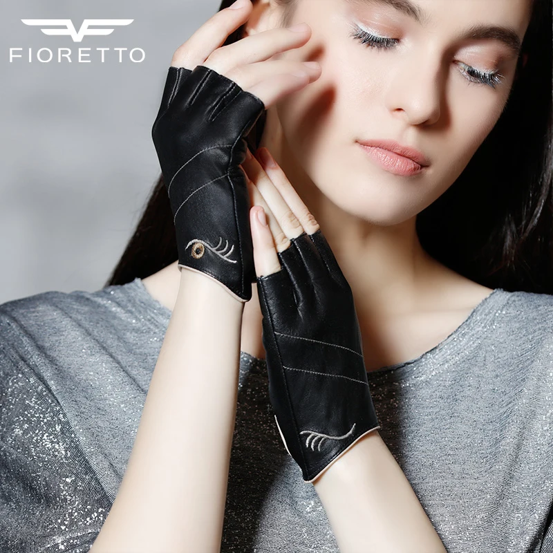 Женские перчатки для вождения Fioretto из натуральной кожи без пальцев с Вышивкой