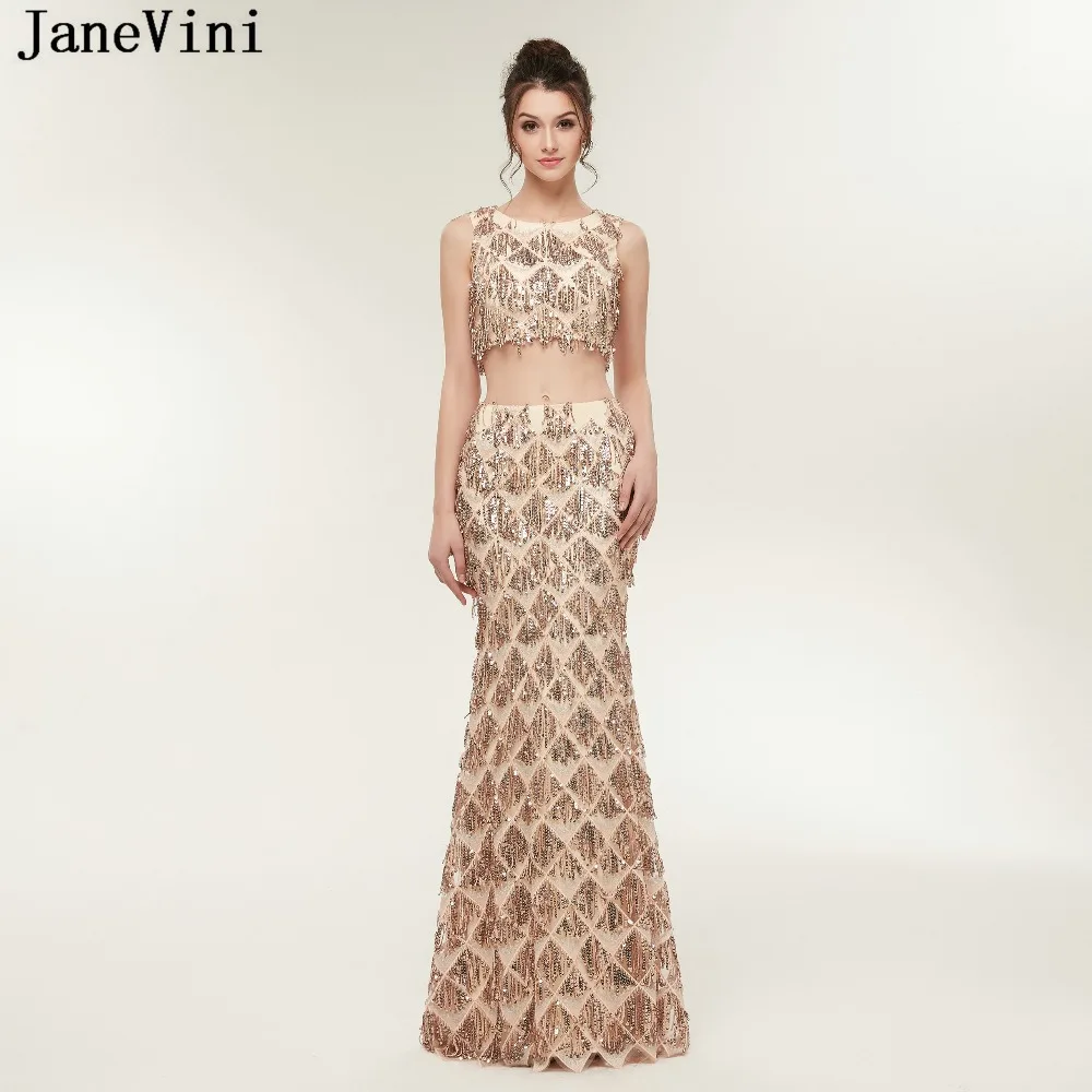 JaneVini Шампанское Золото Тюль двойка платья подружек невесты Chic блестящие кисточкой блестками Русалка длинное платье для выпускного Пол