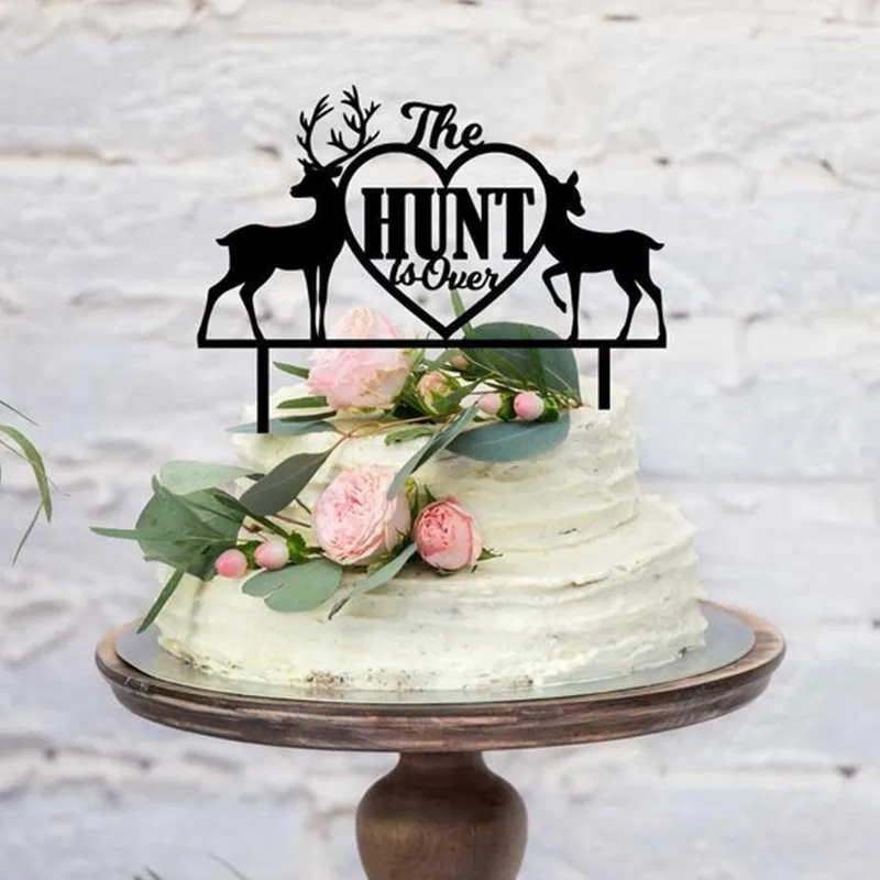 

Deer Theme Wedding Cake Topper The Hunt is Over Acrylic Wedding Cake Decoration Toppers Wooden Rustic Wedding Decor