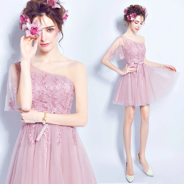 

Hot~ Lovely Pink One-shoulder Flare sleeve Embroidery Bridesmaid Dress/Wedding Party Dress/Homecoming Dress 440