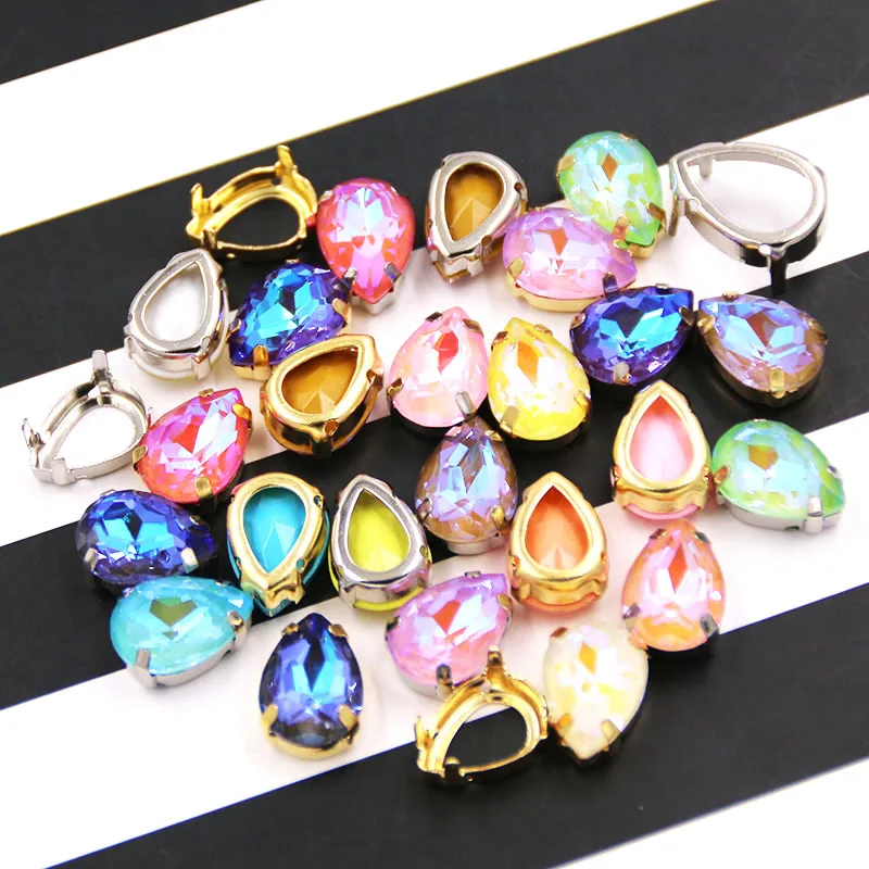  New Teardrop shape Mocha fluorescence Glass Crystal sewing hollow base sliver claw setting flatback - 33032074191