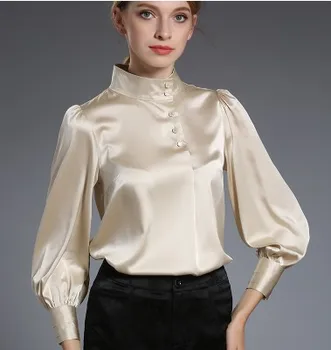

2020 new mulberry silkworm silk collared lantern sleeve pure champagne white silk blouses blouse