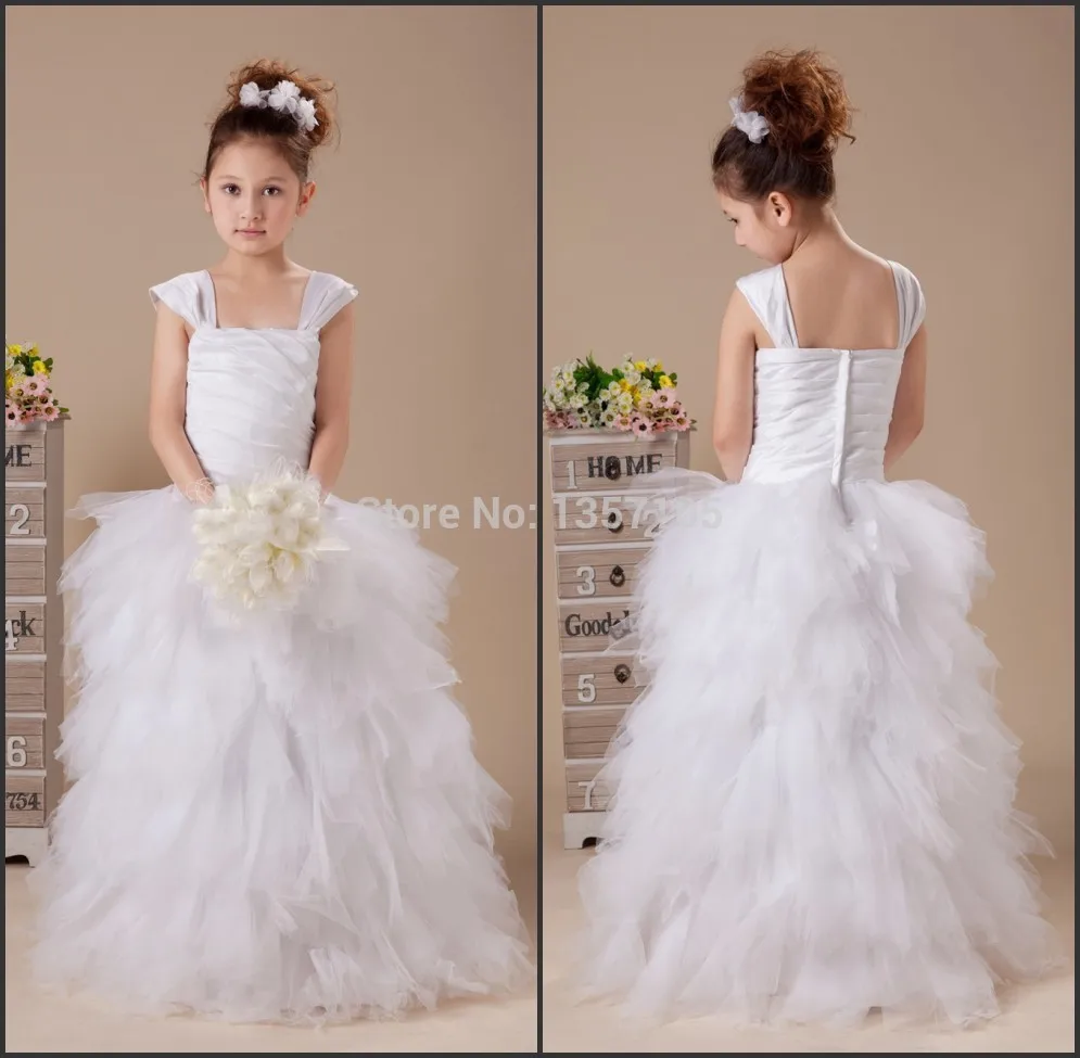 Girl Puffy Dress Crepe Tiered Scoop Flower Girl Dresses Kids Pagent Gown Floor Length Ball Gown