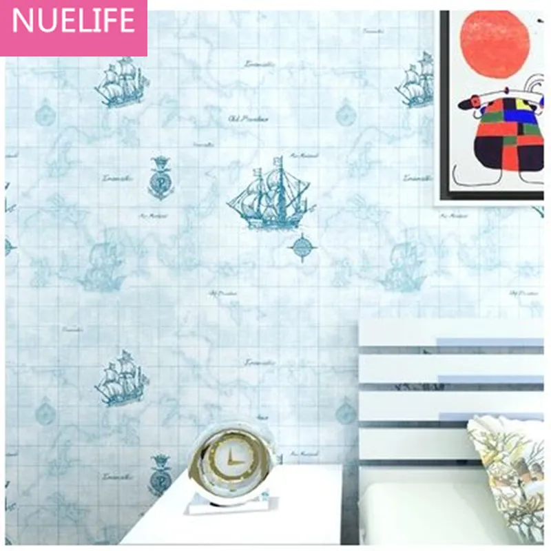 

0.53x10m Mediterranean cartoon blue sailing pattern children room wallpaper men and girls bedroom non - woven wallpaper N4