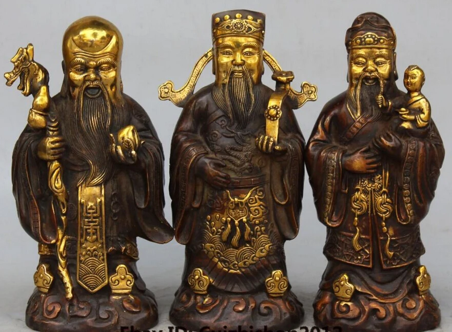 

9" Marked Chinese Bronze Gilt 3 Longevity God Fu Lu Shou Mammon Life Statue Set R0707 (B0413)