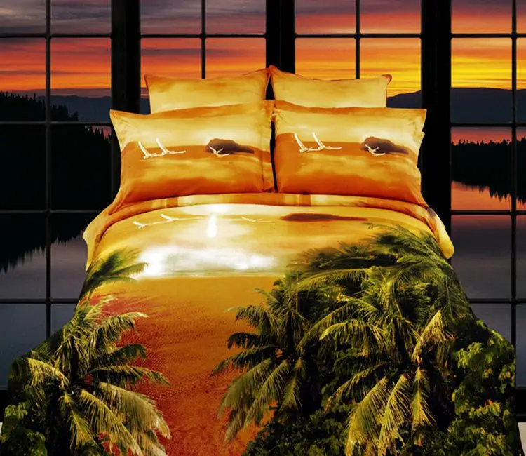 3D Sunset beach palm tree bedding sets queen size duvet cover bedspread