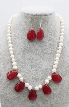 

one set freshwater pearl white near round green/red jade drop 18inch necklace earrings FPPJ wholesale beads nature