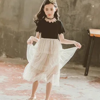 

2019 Shining Party Long Girls Dress Big Children Clothing Layered Mesh Patchwork Teen Girl Summer Dresses Children Clothing