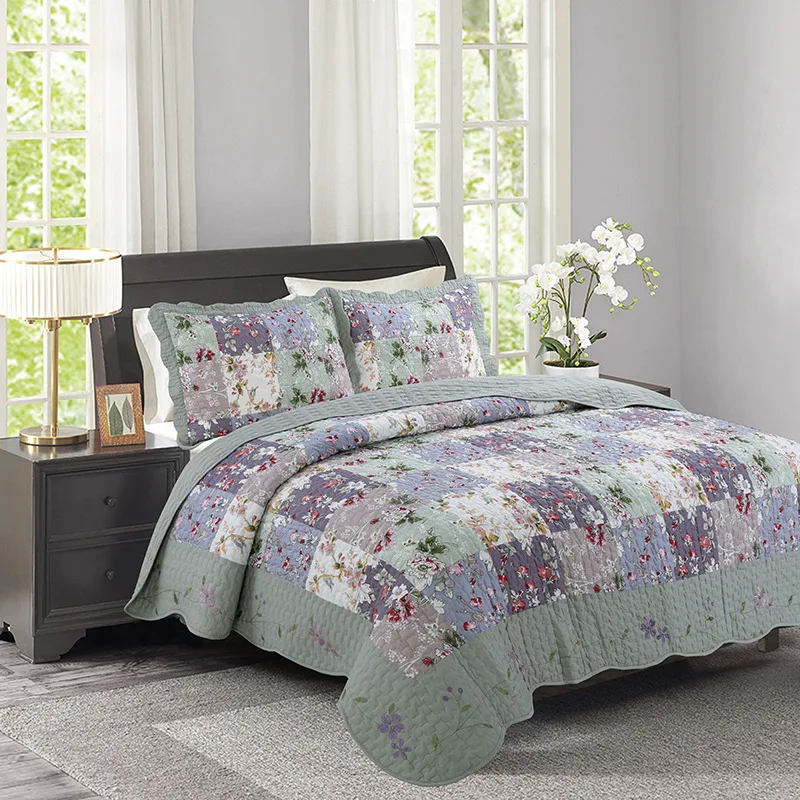

Pastoral style Cotton Bedspread Quilt Set 3pcs Coverlet Flowers Printed Quilts Bed Cover Pillowcase King Size Quilted Blanket