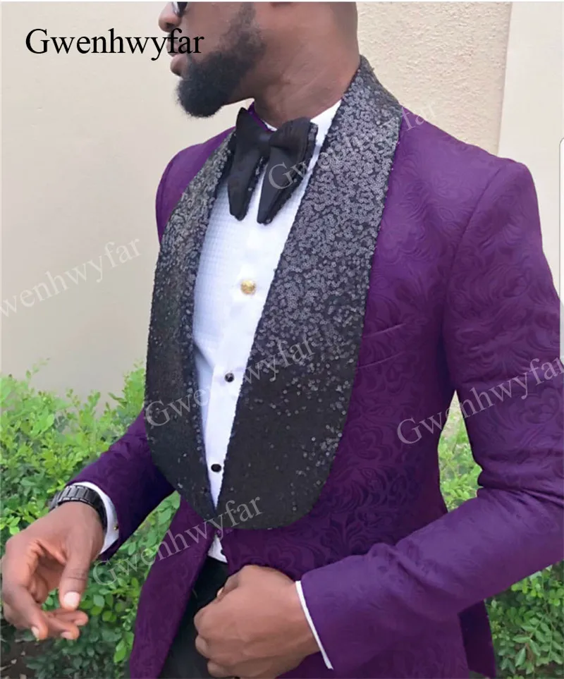 

Gwenhwyfar Side Vent Groomsmen Tuxedos Purple Groom Tuxedos Shawl Sequin Lapel Men Suits Wedding Best Man Blazer (Jacket+Pants)