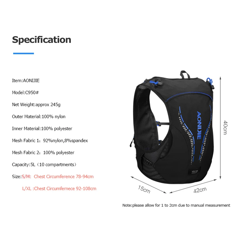 AONIJIE C950 5L Advanced Skin Backpack Hydration Pack Rucksack Bag Vest Harness Water Bladder Hiking Running Marathon Race