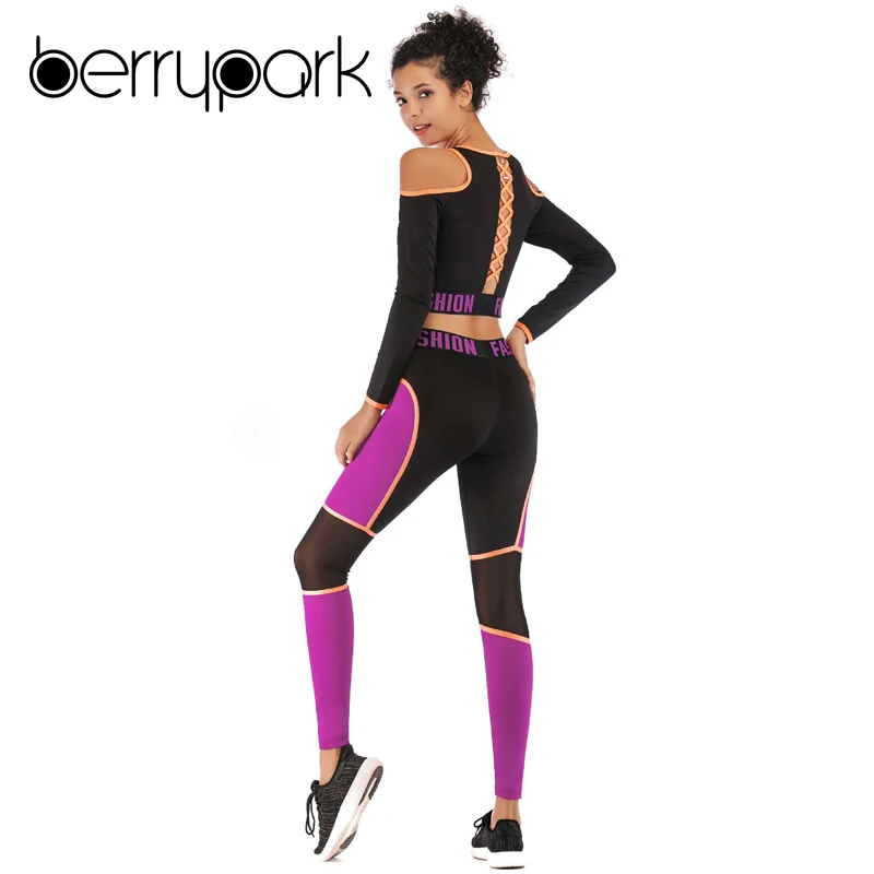 

BerryPark Women Sport Suit Gym Workout Clothes Long Sleeve Hollow Out Fitness Crop Top and Mesh Leggings Yoga Set Dropshipping