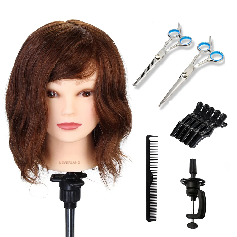 12'' Brown 100 Real Human Hair Training Head Salon Practice Set Scissor Comb Tool + Clamp