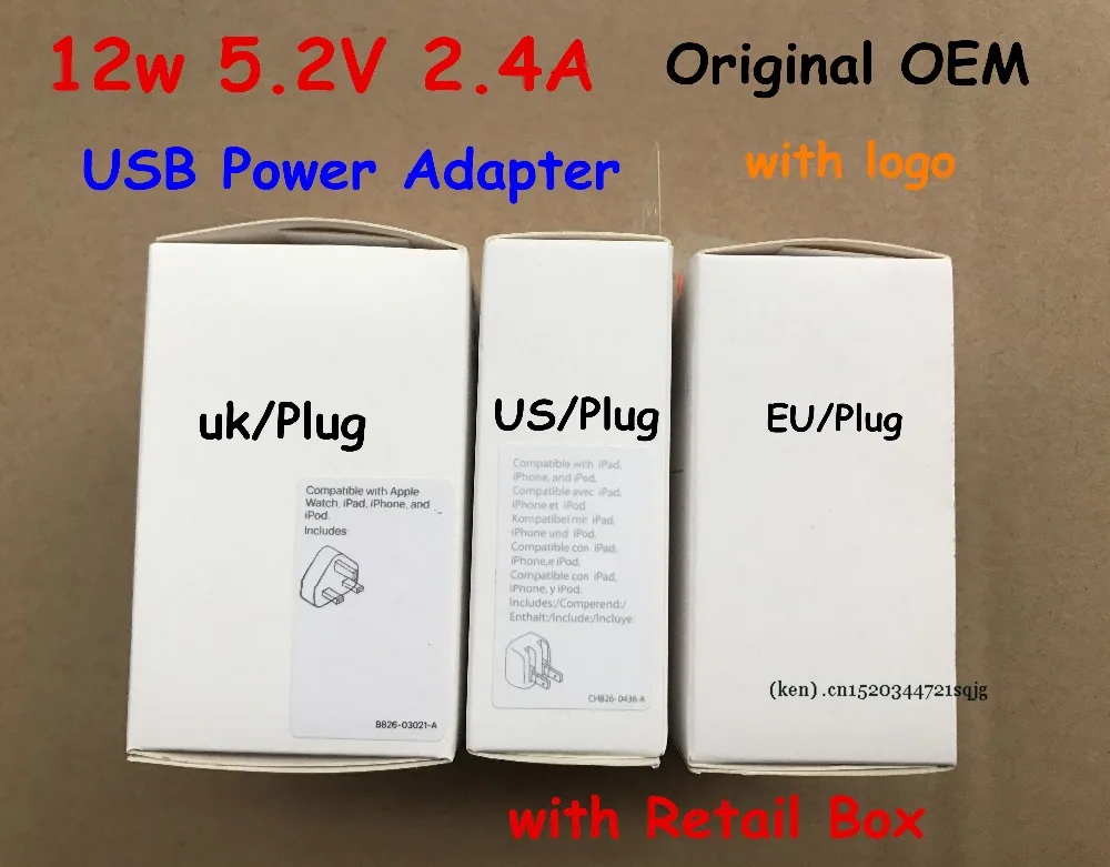 

10pcs/lot original oem EU/US/UK plug 12W USB Power Adapter AC home Wall Charger Fast Charging 5.2v 2.4A Retail box with logo