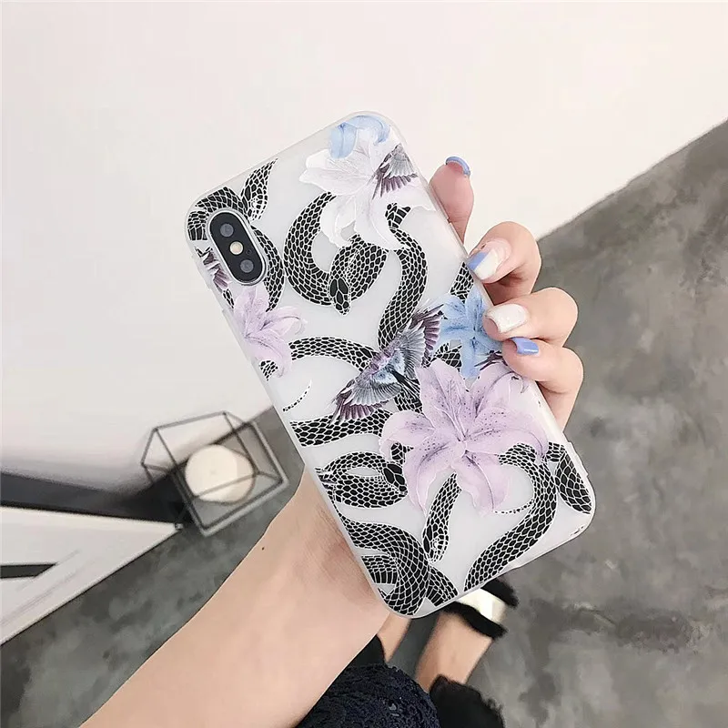 LUDI Retro 3D Floral Rose Snake Phone Case for iPhone 7 7Plus Soft TPU Phone Bag for iPhone X 6 6s 8 Plus Flower Back Cover     6
