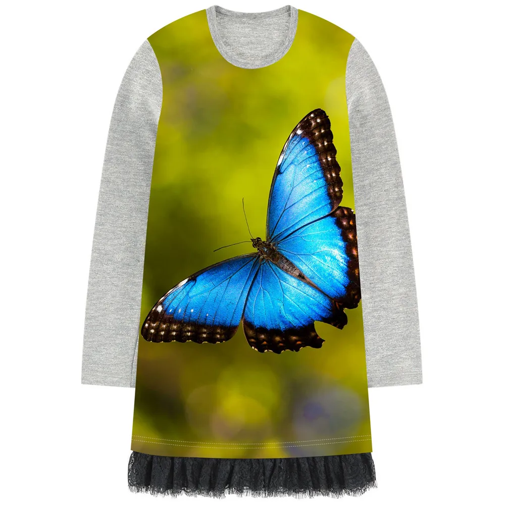 Girl Dresses Blue butterfly Print Children Designer Kids lace Clothes