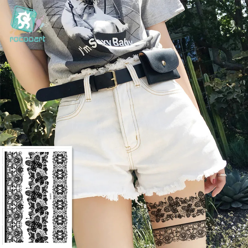 

Rcooart Water Transfer Sexy Lace Stocking Fake Flash Tattoo for Girl Women Waterproof Temporary Tattoo Sticker on Body Leg ring