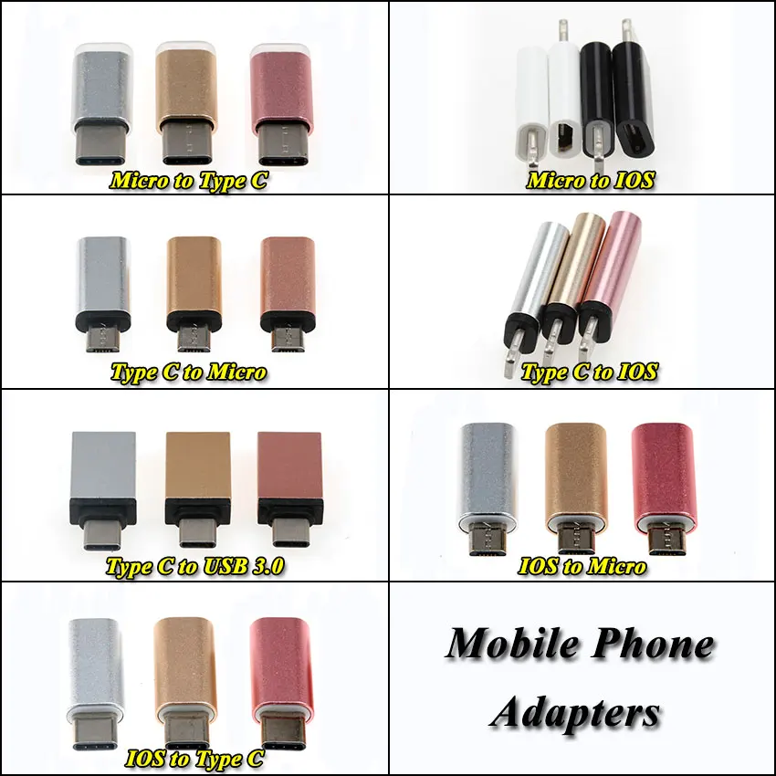 

ChengHaoRan 3pcs For lightning Type-C Adapter to Micro USB/USB 3.0 Type C For iPhone 8 7 6/Android Data Cable Converter Adapter