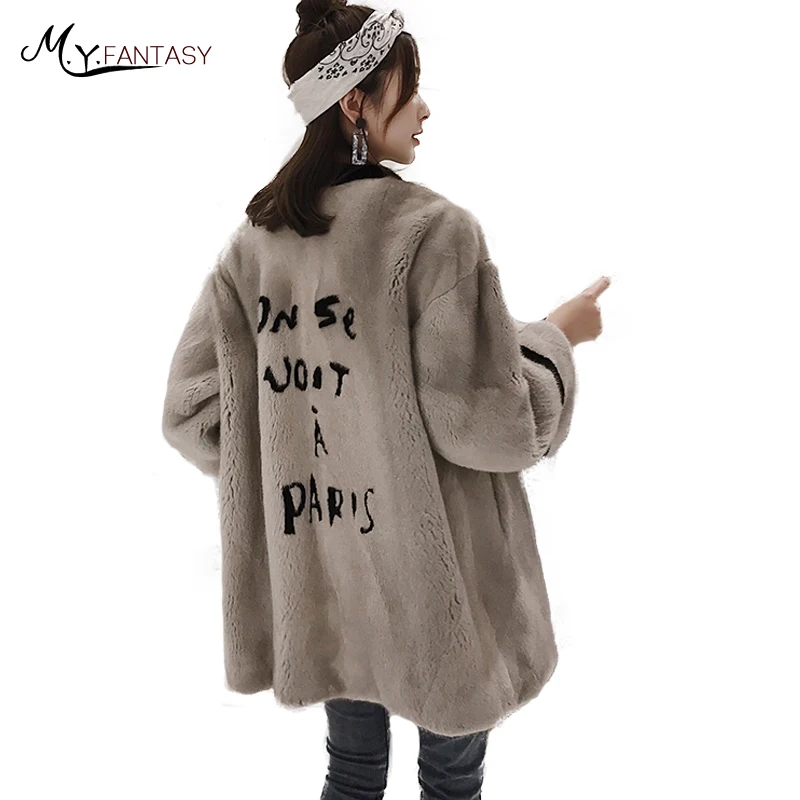 Manteaux Fansty2017 Vison Hiver Lettre Motif Perte O M Longues Importation rose Moyenne Ardoisé Manches Lignes De Fourrure Femme Manteau Véritable Y cou Fwxpzq5H