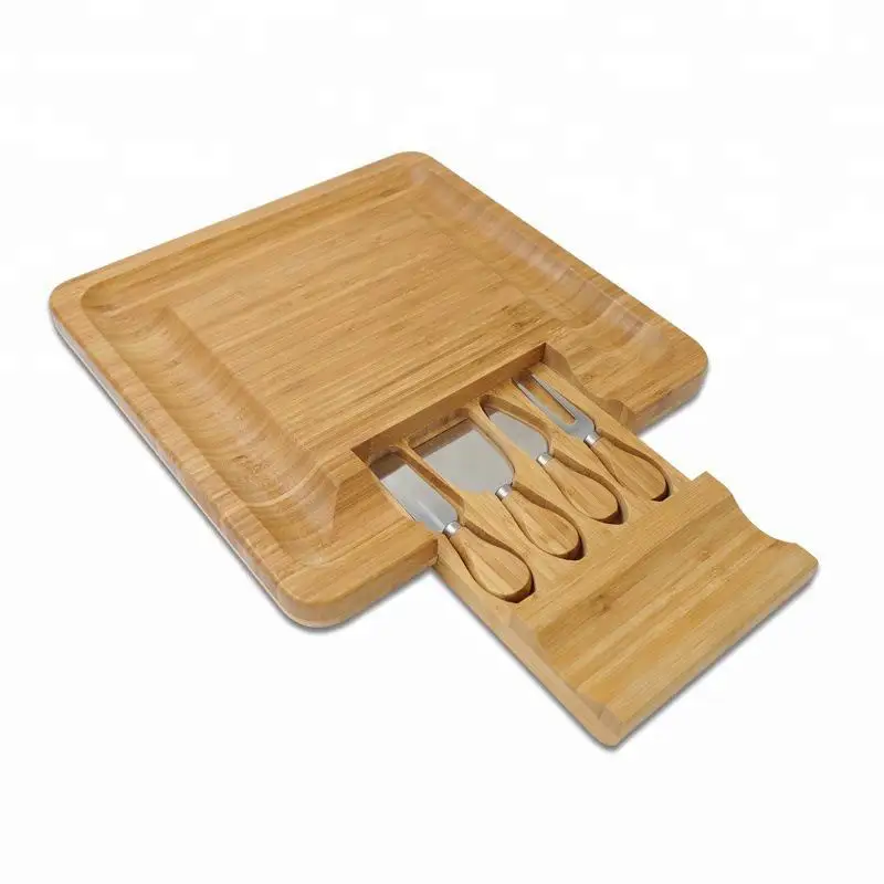 Китайская натуральная бамбуковая доска для сыра со столовыми приборами, тарелка для приготовления мяса с выдвижным ящиком с 4 ножом - Цвет: 1