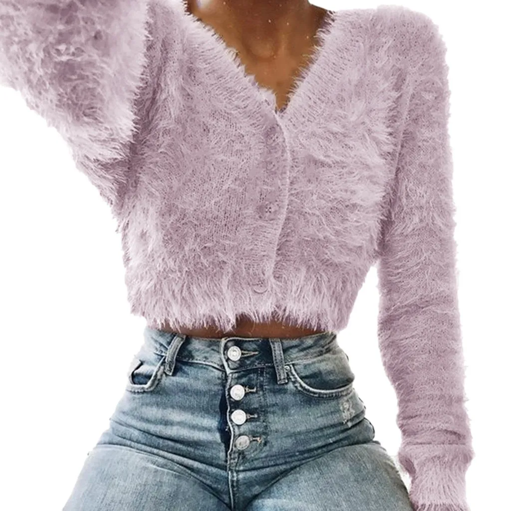 

Sweaters Women Winter Hot Fashion V-neck Long Sleeve Furry Casual Sweater Crop Popular Women Tops Women's Clother Drop Shipping