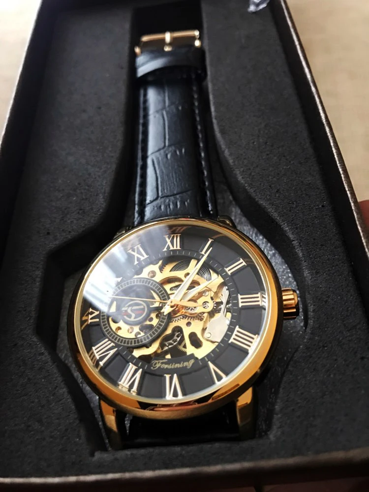 Forsining 3d логотип дизайн полые гравировка черный золотой чехол кожаный Скелет механические часы для мужчин люксовый бренд Heren Horloge