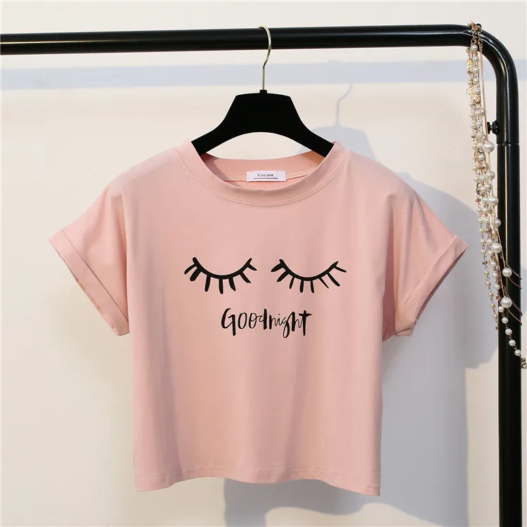 

Women T-Shirts 2018 summer Fashion Women Solid Pink Punk Style O-neck Short Sleeve T-shirt Letter & Eyelash Printed Crop Top Tee