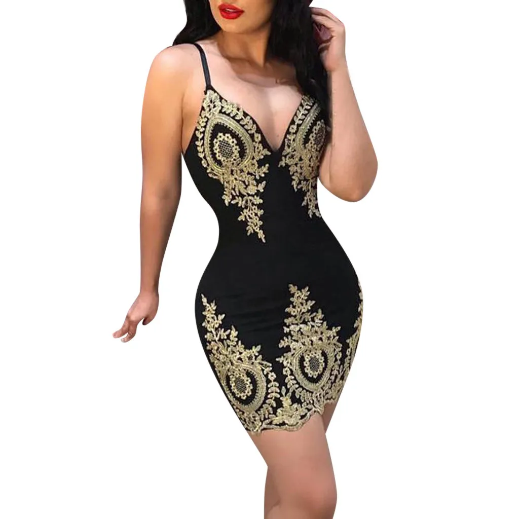 

Sexy sling dress deep V-neck tight lace stitching mini dresses temperament elegant print party dress#D10