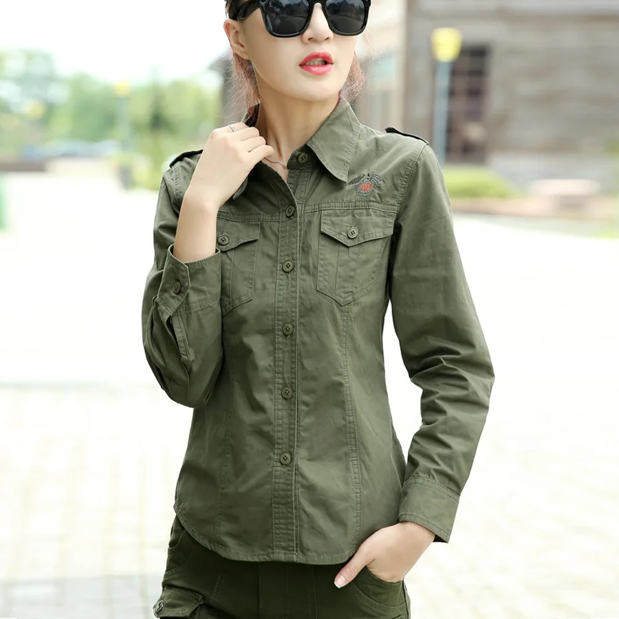 Legergroen Shirt Dames Katoen Lange Badge Militaire Uniform Slanke Blouses Size 4XL 5XL Vrouwen Kleding - AliExpress