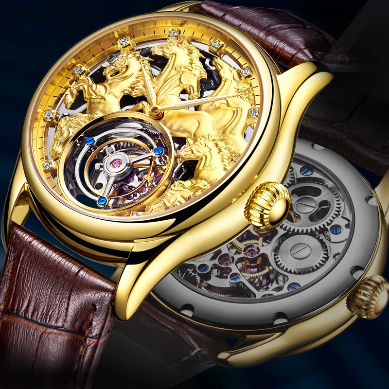 

Tourbillon Mechanical Watch Men's Top Brand Watch Sapphire Mirror Original Manual Winding Hollow Movement Horse Watch 24K Gilt