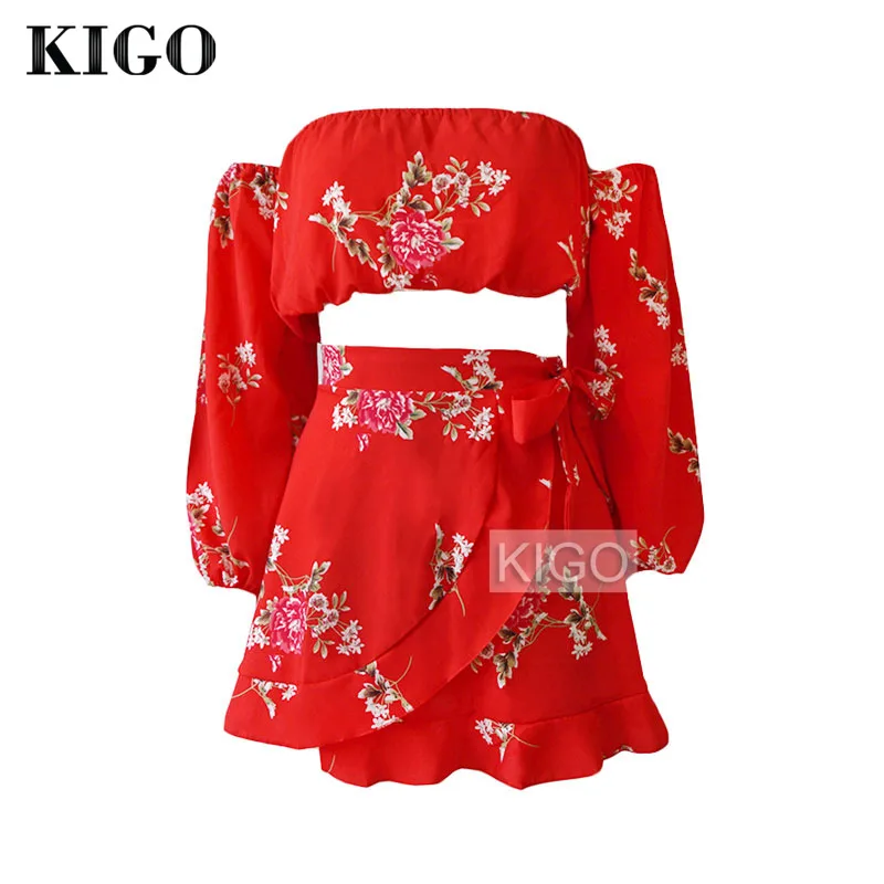 Summer 2 Piece Set Women Boho Floral 2 Piece Set Top and Skirt Red ...
