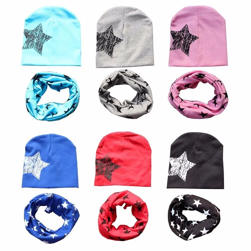 Детская шапка шарф + набор с шапочкой Осень зимний хлопчатобумажный шарф-воротник теплые шапочки звезда печати Младенческая наборы шапка с