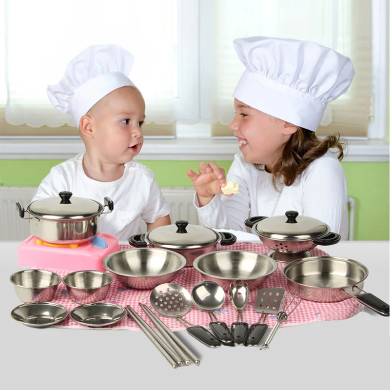 20Pcs Stainless Steel Pots Pans Cookware Miniature Toy Pretend Play Kid Gift NEW 