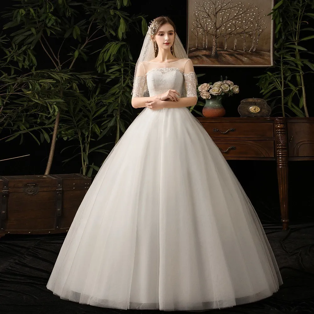 Vestido De Noiva элегантные свадебные платья цвета шампанского с круглым вырезом и открытыми плечами, бальное платье на шнуровке, торжественное кружевное свадебное платье Gelinlik - Цвет: White