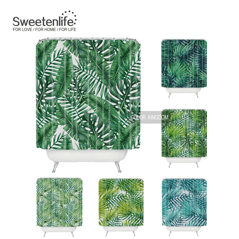 

Sweetenlife Tropical Shower Curtain Polyester Fabric Simple Bathroom Curtain Designs Green Plants Curtains Bath Waterproof 180CM
