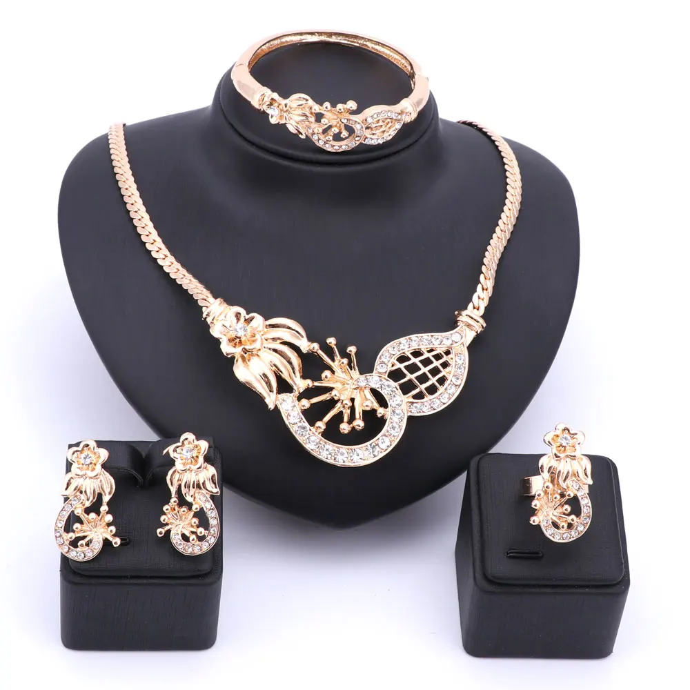 Wedding Gold Color Crystal Flower Necklace Set Fine Jewelry Sets Party
