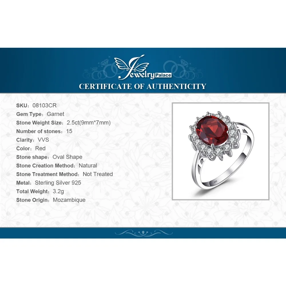 Jewelrypalace Принцесса Диана 3.4ct натуральный красный гранат кольцо 925 серебряное кольцо Для женщин модные роскошные натурального камня, украшения