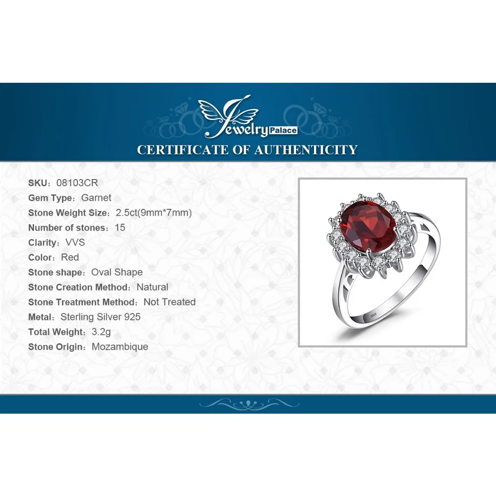 Jewelrypalace Принцесса Диана 3.4ct натуральный красный гранат кольцо 925 серебряное Для
